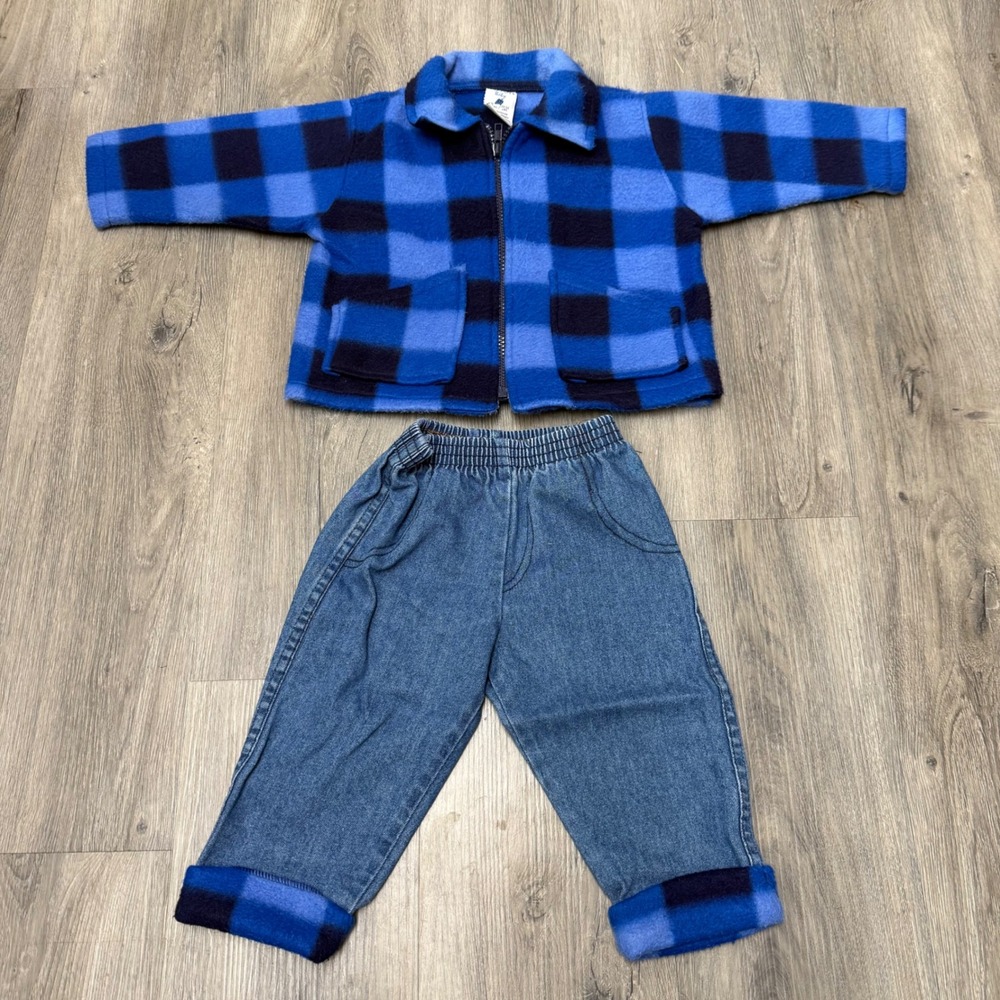 Vintage Sasson Baby Blue Buffalo Plaid Fleece Jacket & Denim Pants Set 12 Months